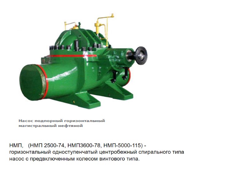НМП,   (НМП 2500-74, НМП3600-78, НМП-5000-115) - горизонтальный одноступенчатый центробежный спирального типа насос